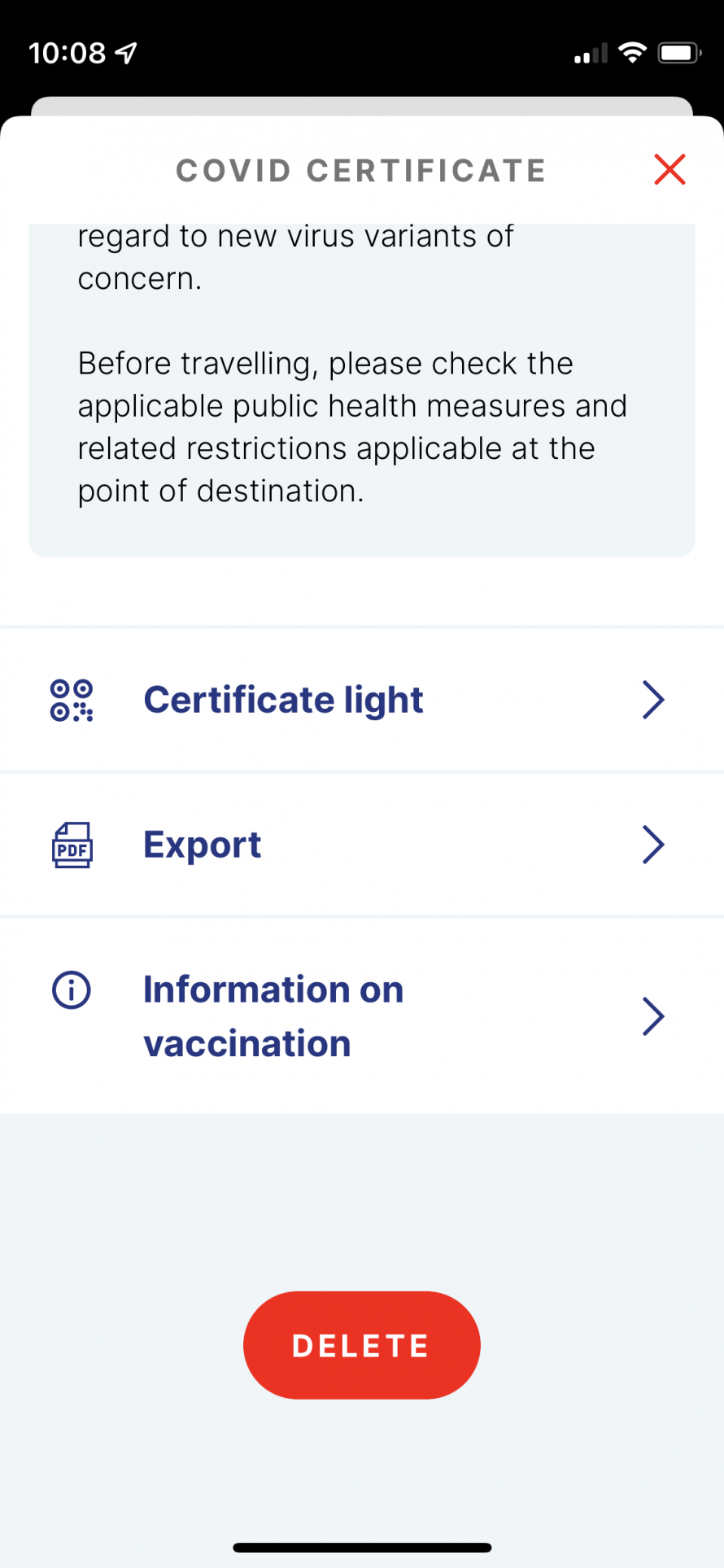 App screenshot, COVID certificate as a PDF