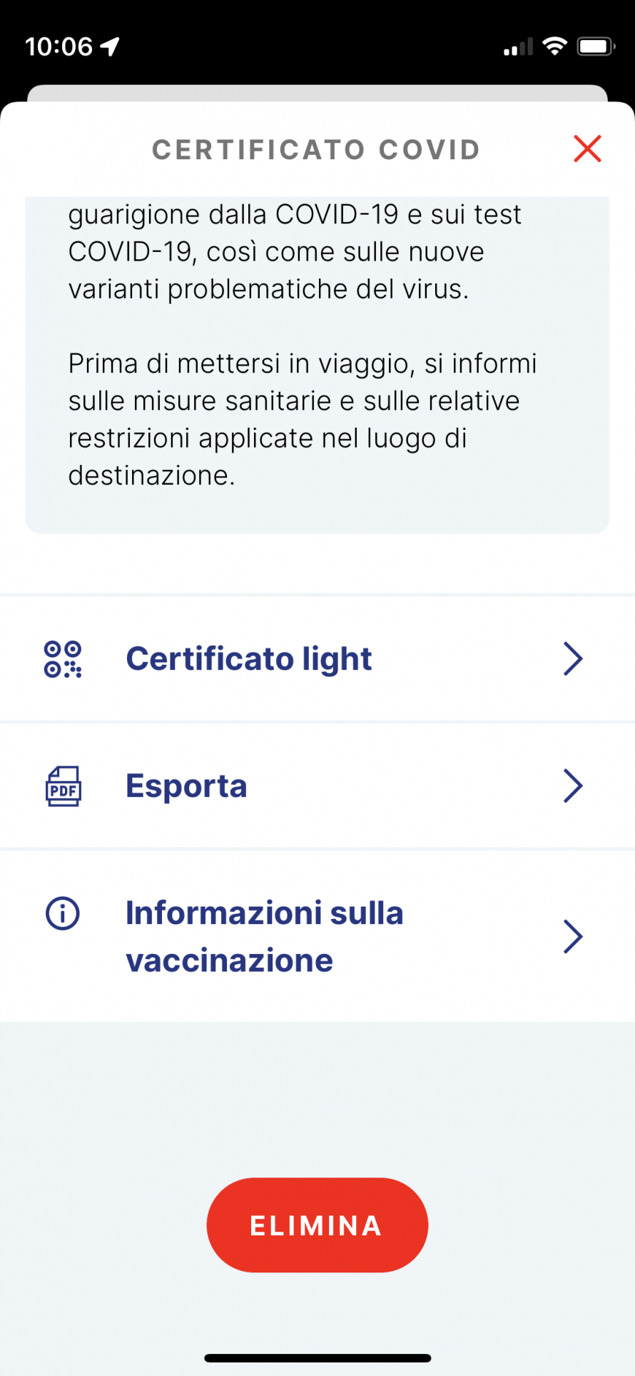 Schermata dell'app, certificato COVId in formato PDF